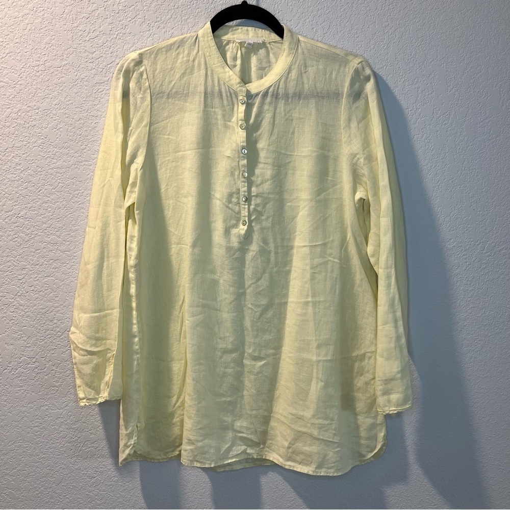 Women’s Eileen Fisher light yellow organic linen button front tunic blouse XS